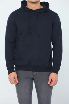 Erkek Kapüşonlu Kanguru Cepli Basic Sweatshirt Lacivert