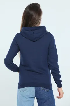 Kadın Kapüşonlu Fermuarlı Slim Fit Basic Sweatshirt Lacivert