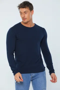 Erkek Likralı V Yaka Uzun Kollu Basic Body Sweatshirt Lacivert
