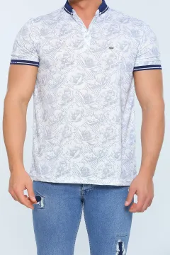 Erkek Likralı Polo Yaka Kol Lastikli Desenli T-shirt Lacivertkrem