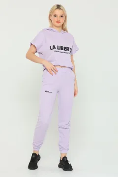 Kadın Kapüşonlu Sweatshirt Eşofman Altı Spor İkili Takım Lila