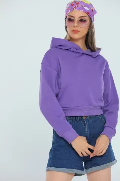 Kadın Kapüşonlu Crop Sweatshirt Lila