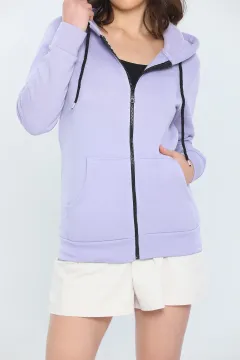 Kadın Likralı Kapüşonlu Şardonlu Sevgili Kombini Sweatshirt Lila