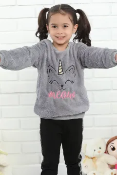 Baskılı Peluş Kız Çocuk Sweatshirt Gri