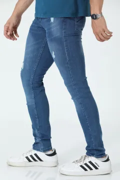 Erkek Likralı Yırtıklı Jeans Pantolon Mavi