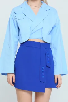 Kadın Beli Bağcıklı Sırt Detaylı Crop Gabardin Ceket Mavi