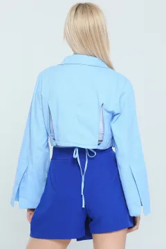 Kadın Beli Bağcıklı Sırt Detaylı Crop Gabardin Ceket Mavi