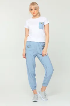 Kadın Bisiklet Yaka T-shirt Ayrobin Pantolon İkili Takım Mavi