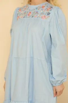 Kadın Modest Eteği Kat Kat Tesettür Uzun Elbise Mavi