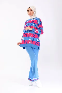 Kadın Tesettür Desenli Triko Kazak Pantolon İkili Takım Mavi
