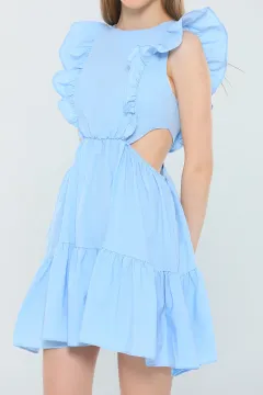 Kadın Fırfırlı Bel Dekolteli Mini Elbise Mavi