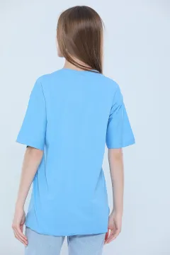 Kadın Likralı Bisiklet Yaka Baskılı Salaş T-shirt Mavi