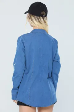 Kadın Likralı Kol Apoletli Büyük Beden Jean Gömlek Ceket Mavi