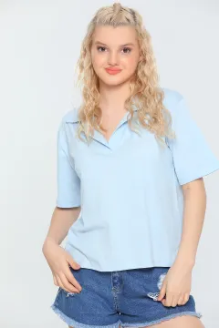 Kadın Likralı Polo Yaka Salaş Bluz Mavi