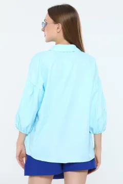 Kadın Oversize Balon Kol Gömlek Mavi