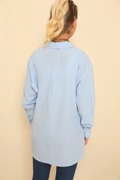 Kadın Oversıze Uzun Basic Gömlek Mavi