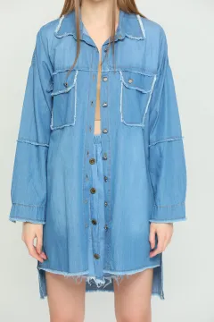 Kadın Püsküllü Ön Kısa Arka Uzun Jean Gömlek Tunik Mavi