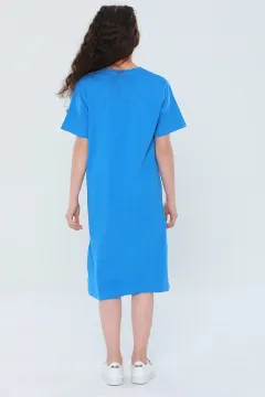 Kız Çocuk Likralı Bisiklet Yaka Taş Baskılı Elbise Mavi