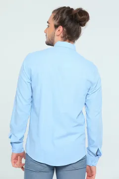 Erkek Nakışlı Keten Uzun Kollu Gömlek Mavi