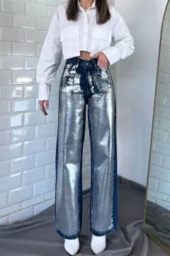 Metalik Baskılı Yüksek Bel Palazzo Kadın Jean Kot Pantolon Lacivert