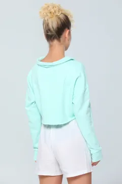 Kadın Likralı Apaş Yaka Crop Sweatshirt Mint