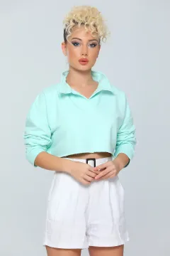 Kadın Likralı Apaş Yaka Crop Sweatshirt Mint