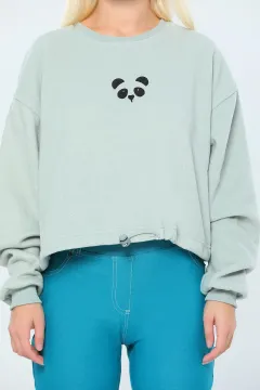 Bisiklet Yaka Panda Ayı Nakışlı Polar Kadın Sweatshirt Mint