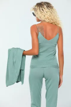 Kadın Likralı Pantolon Hırka Bluz Kombinli Üçlü Triko Takım Mint