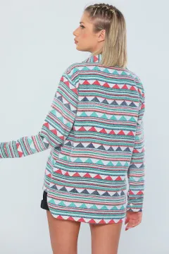 Kadın Etnik Desen Gömlek Yaka Sweatshirt Mint