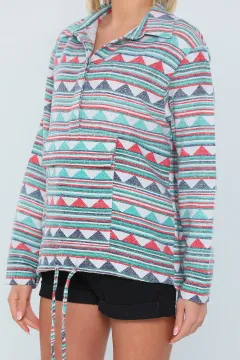 Kadın Etnik Desen Gömlek Yaka Sweatshirt Mint