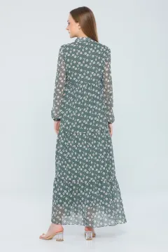 Kadın Hakim Yaka Çiçek Desenli Uzun Şifon Elbise Mint