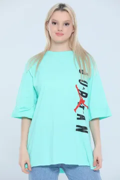 Kadın Likralı Bisiklet Yaka Duble Kol Yırtmaçlı Baskılı Salaş T-shirt Mint