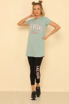 Kadın Likralı Bisiklet Yaka Uzun T-shirt Tayt İkili Takım Mint