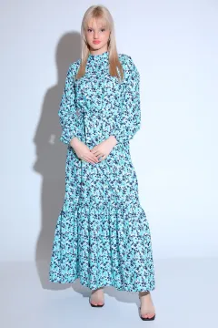 Kadın Modest Eteği Katlı Kol Lastikli Desenli Yazlık Tesettür Elbise Mint