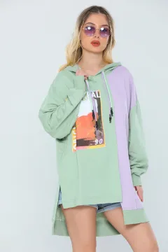 Kadın Oversize Kapüşonlu Renk Bloklu Sweatshirt Mint Lila