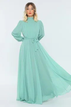 Pileli Kemerli Şifon Kadın Abiye Elbise Mint