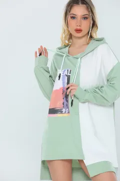 Kadın Oversize Kapüşonlu Renk Bloklu Sweatshirt Mintkrem