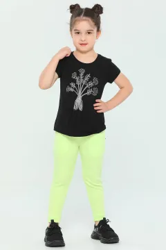 Kız Çocuk Likralı Kadife Cepli Pantolon Neon Yeşil