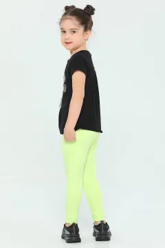 Kız Çocuk Likralı Kadife Cepli Pantolon Neon Yeşil