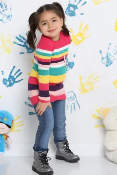 Renk Bloklu Kız Çocuk Triko Kazak Fuşya
