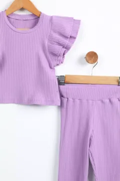 Omuz Fırfırlı Kendinden Çizgi Desenli Kız Çocuk Tayt Bluz İkili Takım Lila