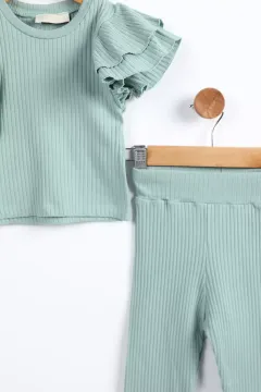 Omuz Fırfırlı Kendinden Çizgi Desenli Kız Çocuk Tayt Bluz İkili Takım Mint