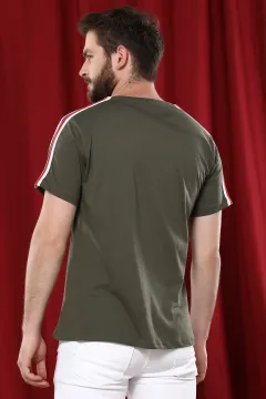 Omuz Kol Arası Çizgili Erkek T-shirt Haki