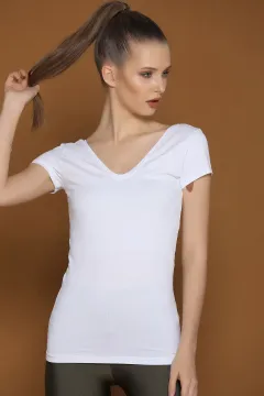 Ön Arka V Yaka Basic T-shirt Beyaz