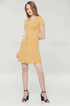 Ön Düğme Detaylı Elbise Hardal