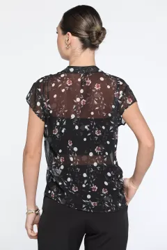 Ön Düğmeli Desenli Kadın Tül Gömlek Siyah