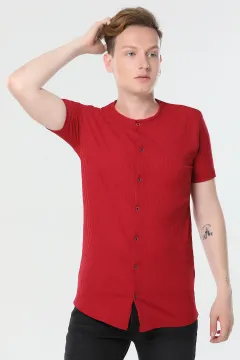 Ön Düğmeli Erkek T-shirt Bordo