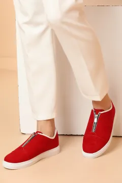 Ön Fermuarlı Kadın Spor Ayakkabı Kırmızısüet