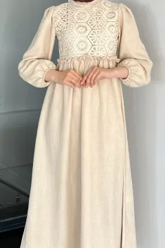 Önü Gübürlü Keten Uzun Kadın Elbise Bej