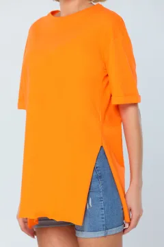 Kadın Bisiklet Yaka Yan Yırtmaçlı Uzun Basic T-shirt Orange